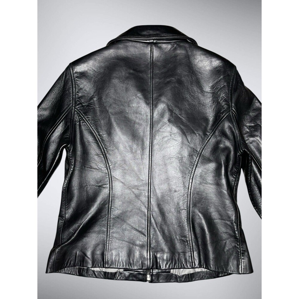 Vtg Y2K Guess Leather Bomber Jacket Womens LG Black Full Zip Biker 90s Grunge - Picture 4 of 12